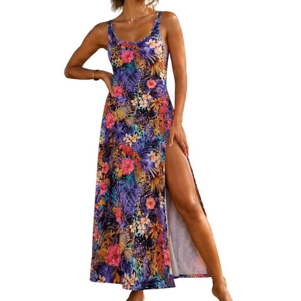 Venus Tropical Parrot Leopard Print Cross Back Maxi Dress Purple Slit sz Small